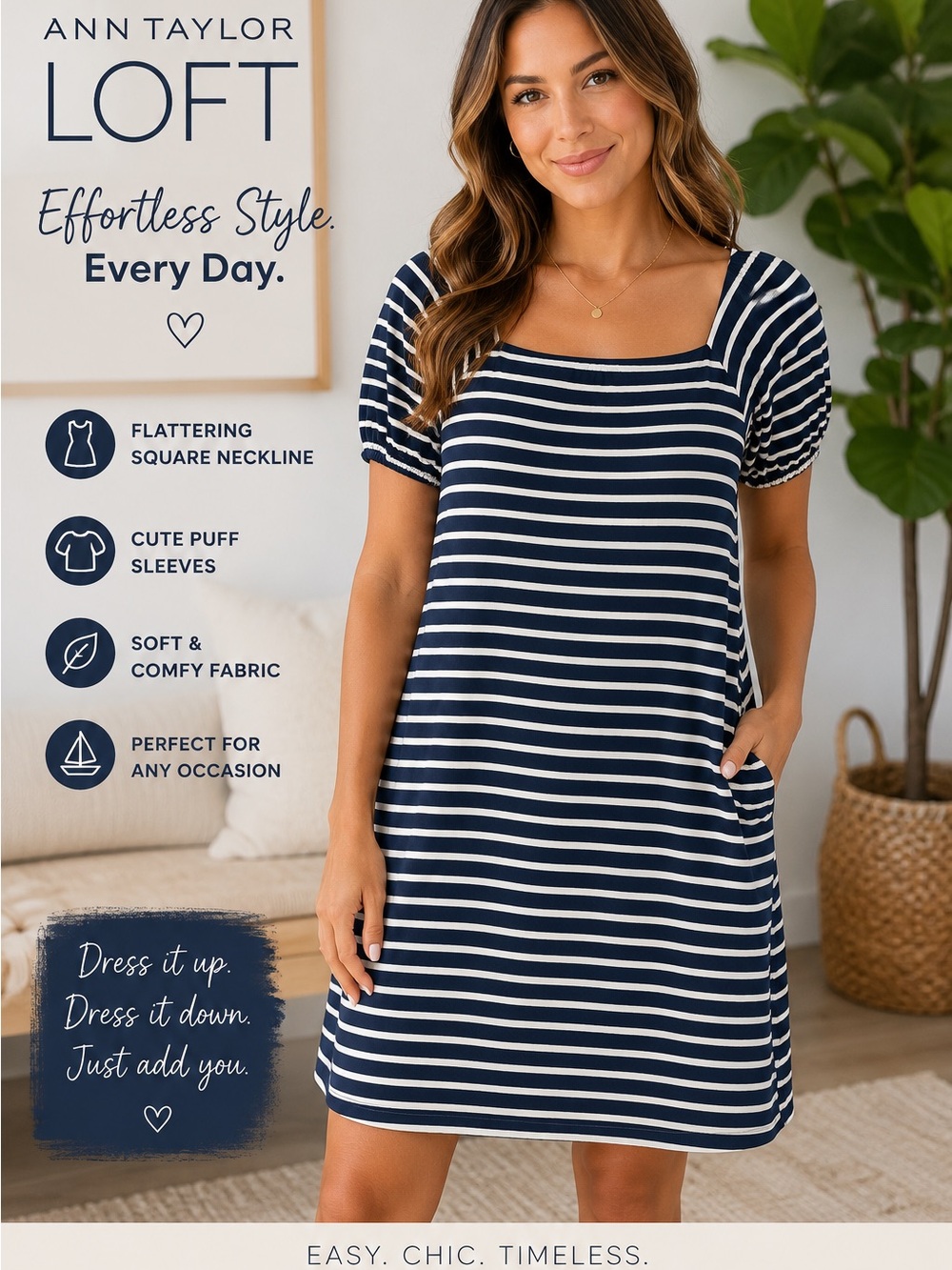 LOFT Navy and White Striped Midi Dress